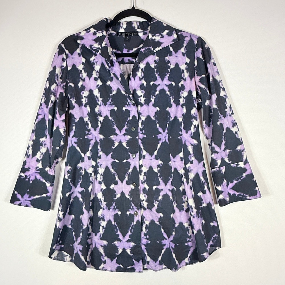 Lafayette 148 Womens 2 Purple Black Cotton Blend Button Down Shirt Top‎ Career - Picture 1 of 7